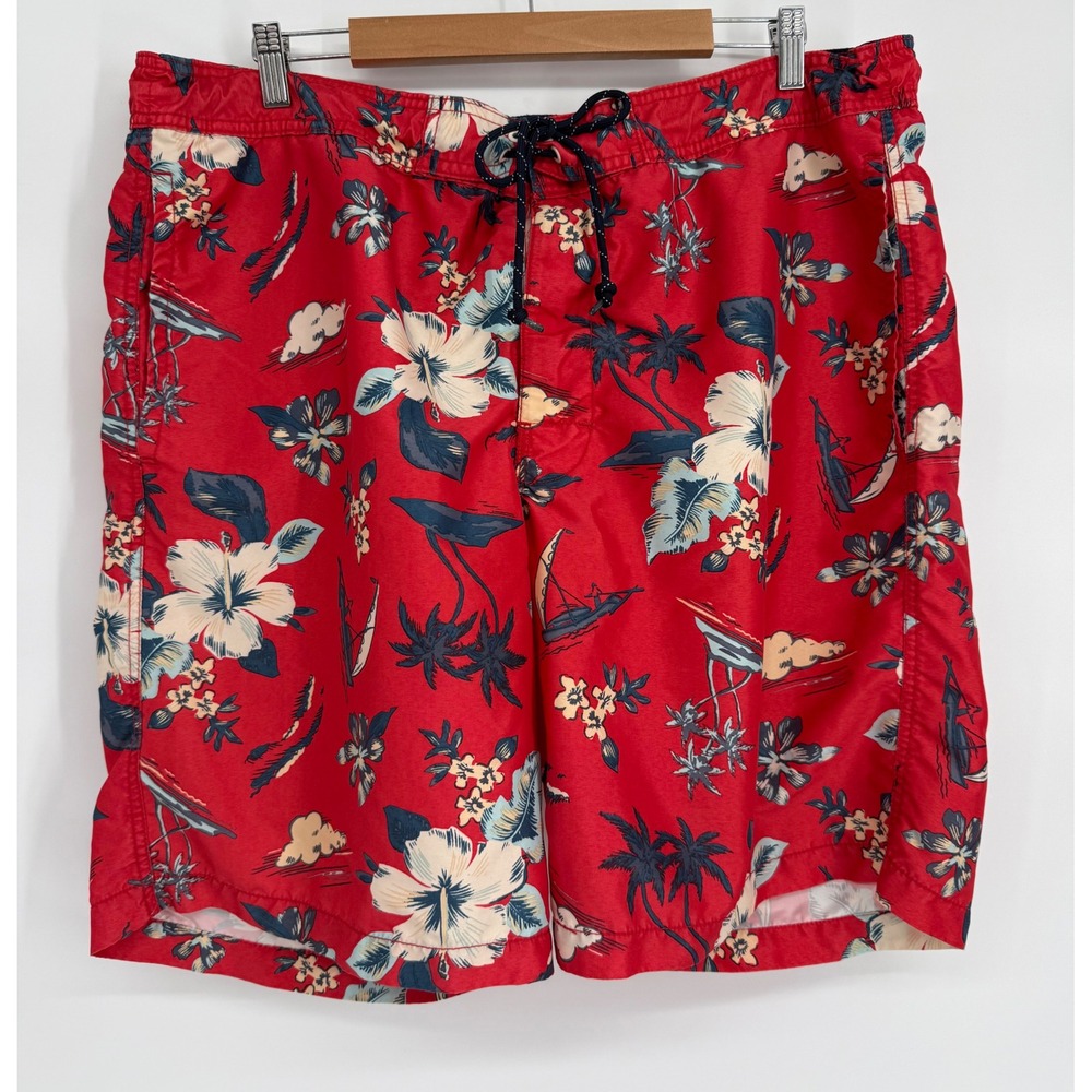Old Navy Mens Red Tropical Floral Hibiscus Swim Trunks Board Shorts Sz XXL